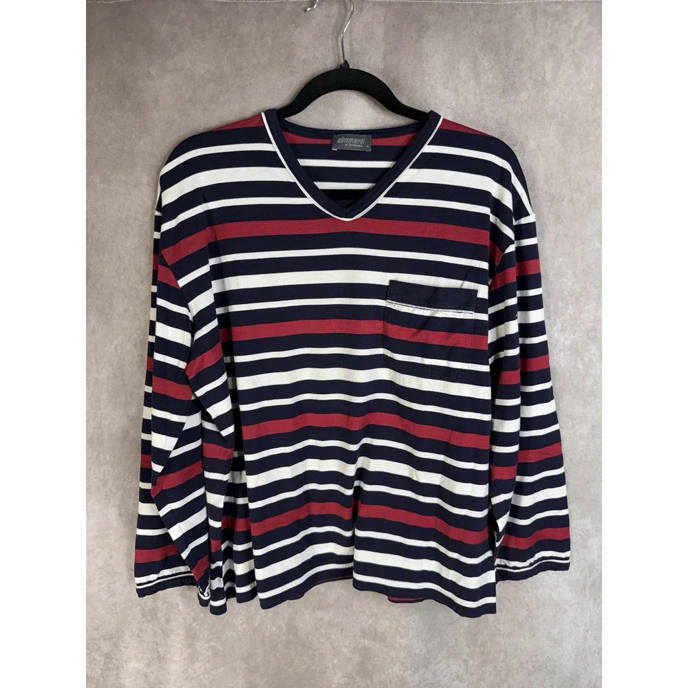 Zimmerli Long Sleeve Cotton Casual Pocket Striped Top In Multi Size M